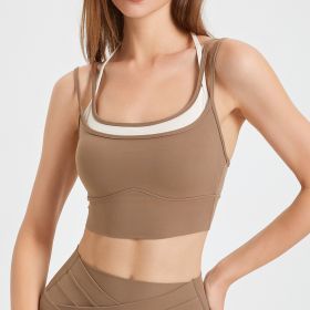 Chest Pad Yoga Clothes Underwear Women's Contrast Colors False-two-piece Quick-drying Sports Bra Beauty Back Fitness Top (Option: Cocoa Color-M)