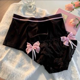 Black Triangle Flat Couple Underwear (Option: Pink And Black Double Bow-Female L Male XL)